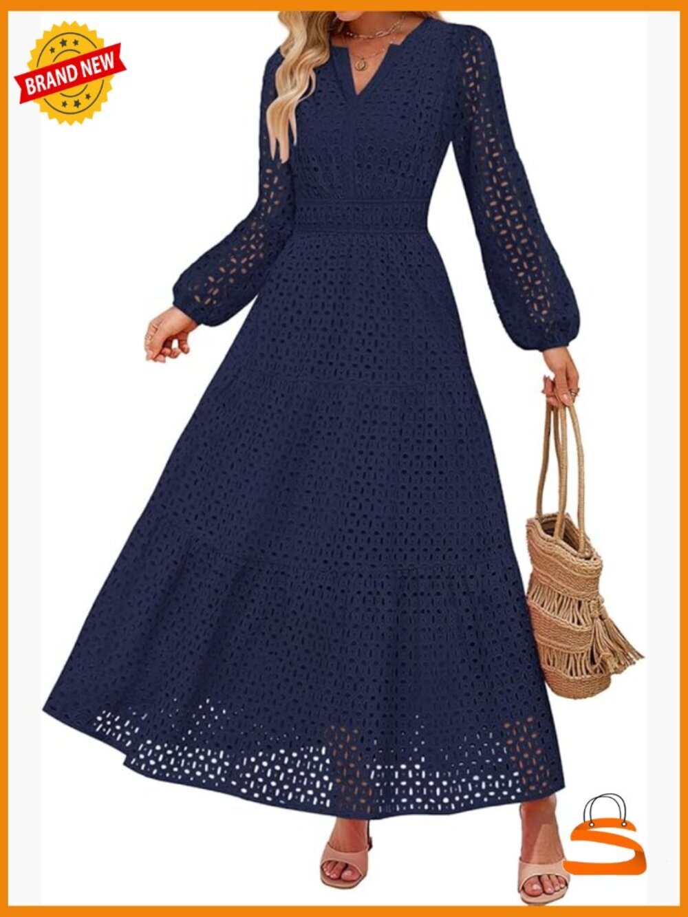 Long Sleeve V Neck Eyelet Maxi Dress A-Line Casual Party Dress